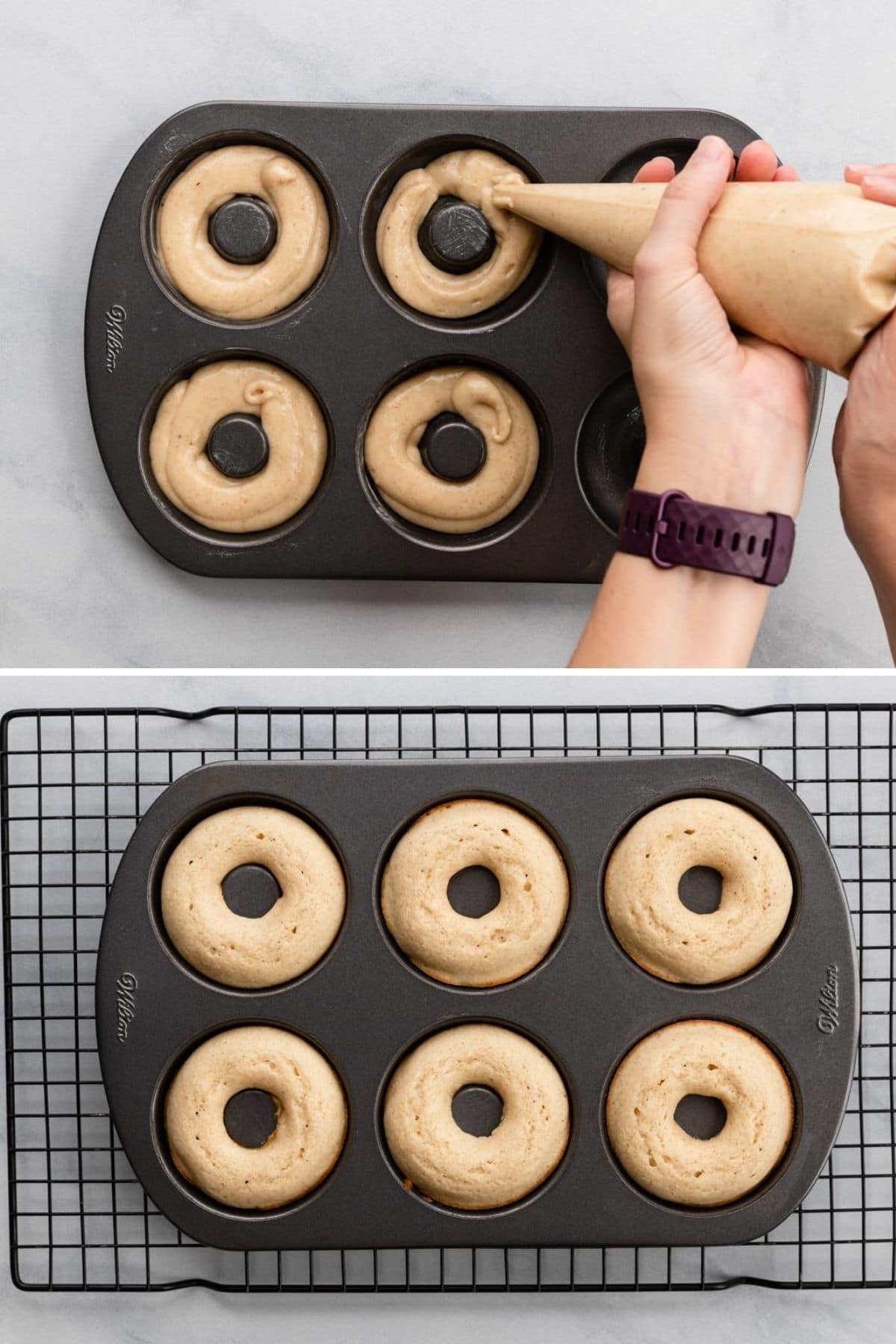 process shots showing how to pipe donut batter into donut pans and fully baked donuts in pans