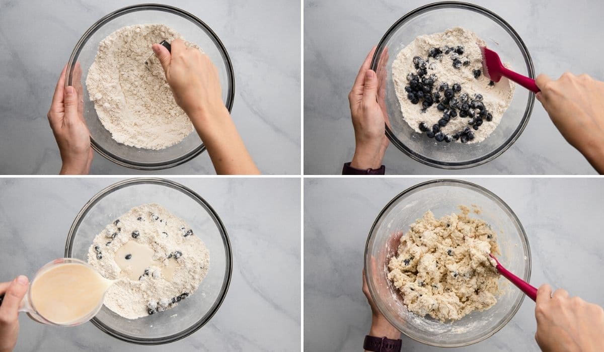 four process shots showing how to cut in butter, mix in blueberries, and stir in wet ingredients to make scone dough