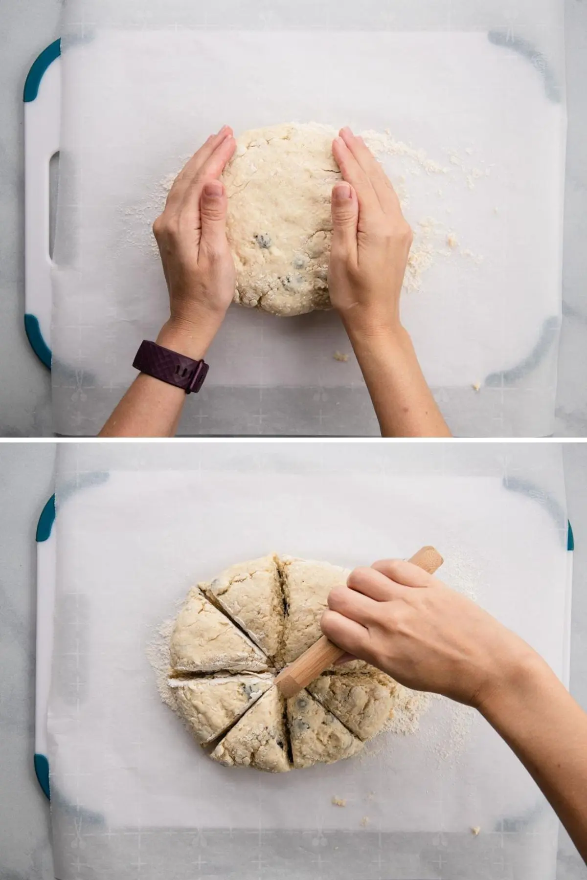 two images showing how to shape and cut scone dough