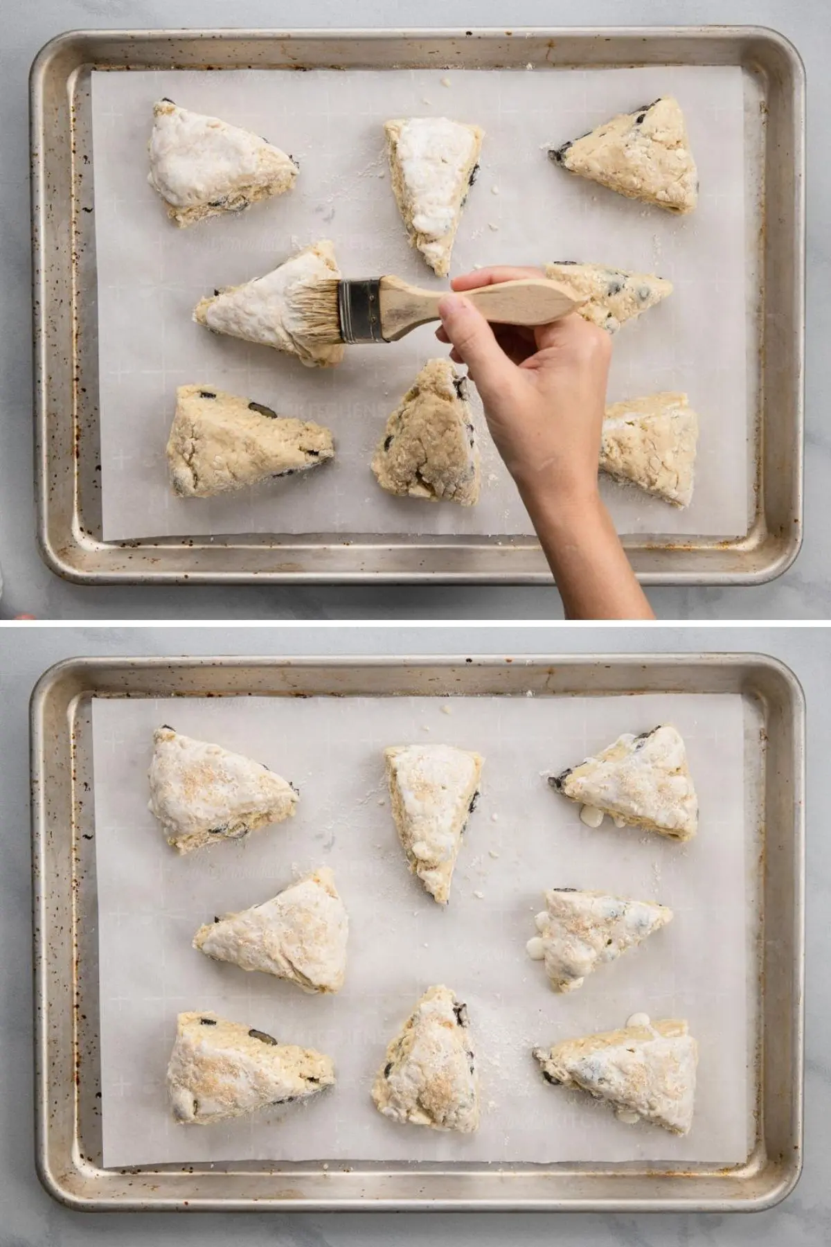 two process shots showing cream being brushed over scone triangles then topped with coarse sugar