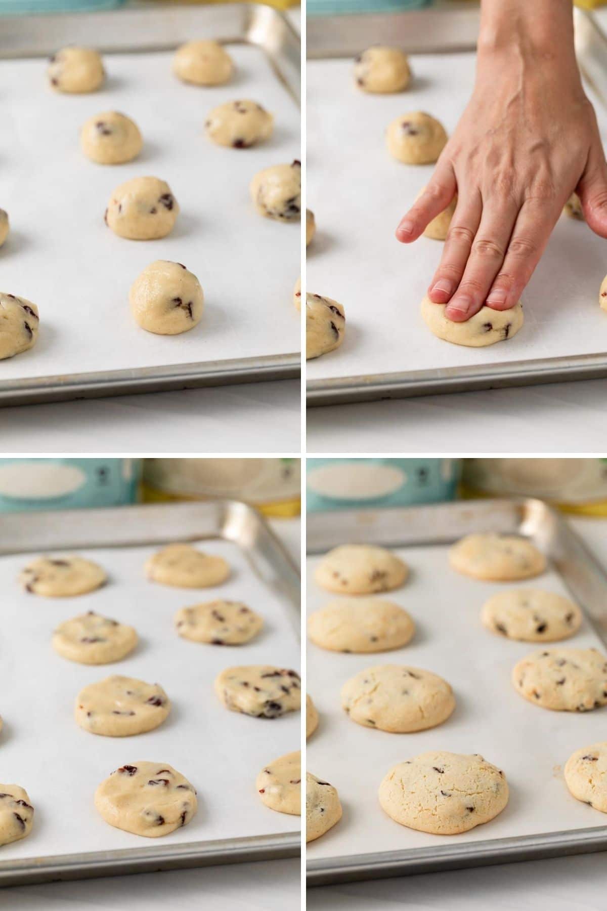 process shots showing how to flatten cookie dough balls before baking