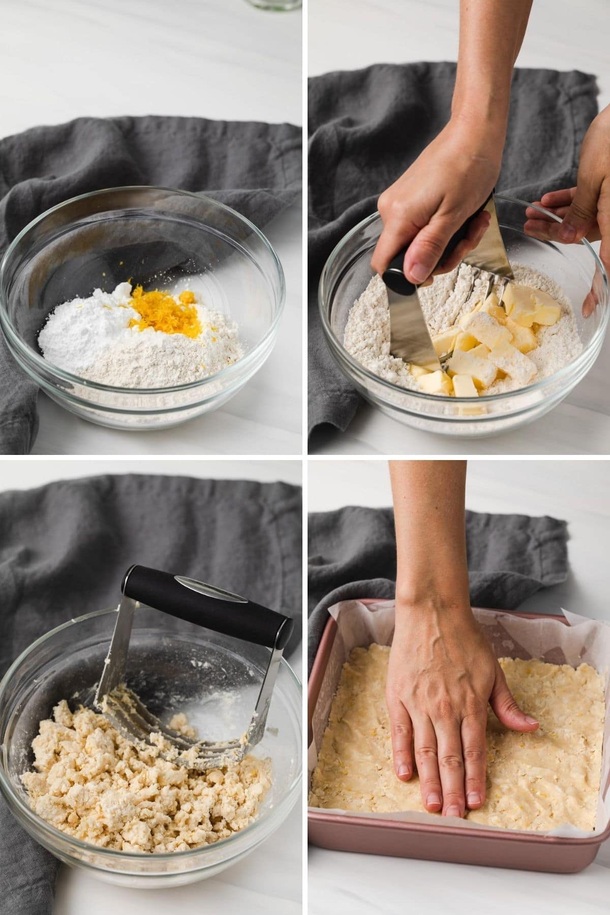 process shots showing how to make shortbread crust for lemon bars