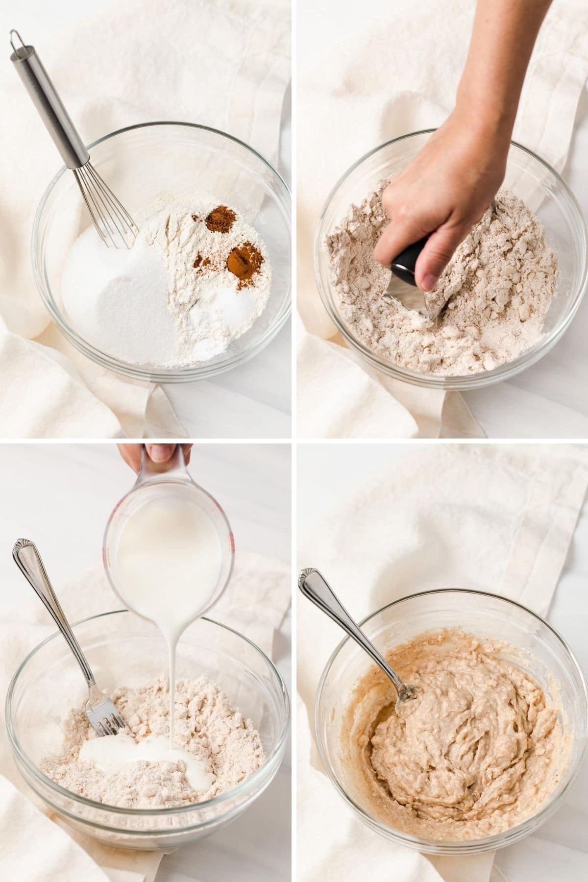 bowl with dry ingredients and whisk, a bowl of dry ingredients with butter being cut in with a pastry blender, buttermilk being poured in the bowl, and fully mixed biscuit topping for cobbler