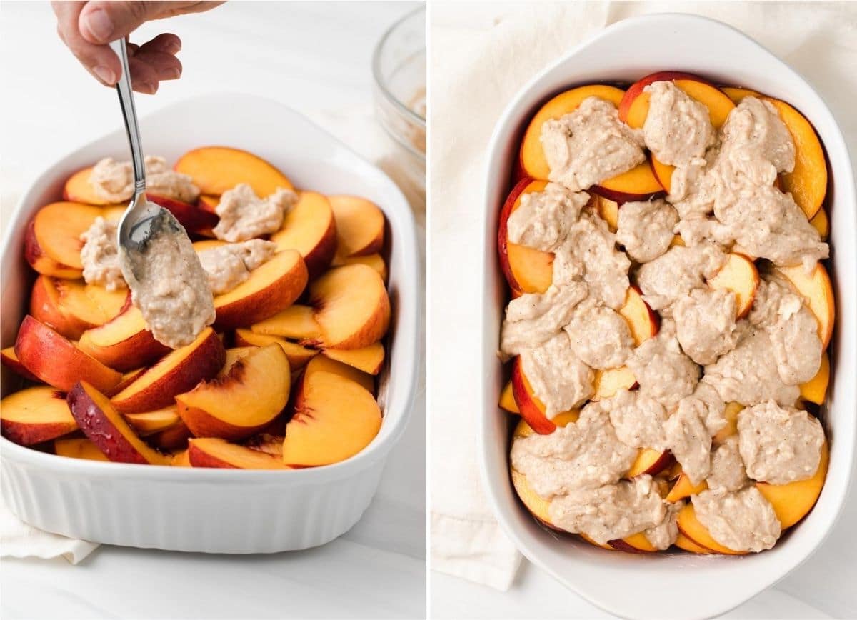spoon topping over peaches in a white casserole dish and a fully assembled unbaked cobbler