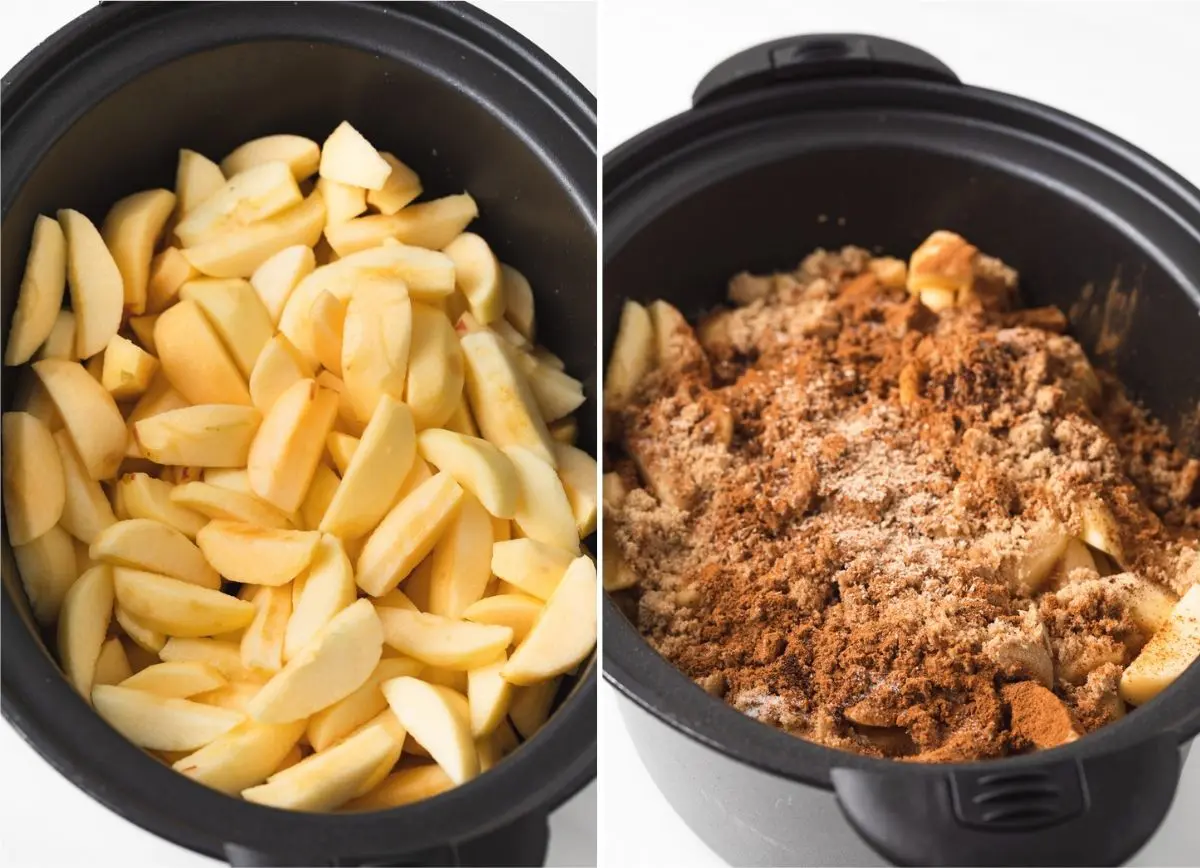 sliced apples in a slow cooker next to sliced apples with spices in a slow cooker