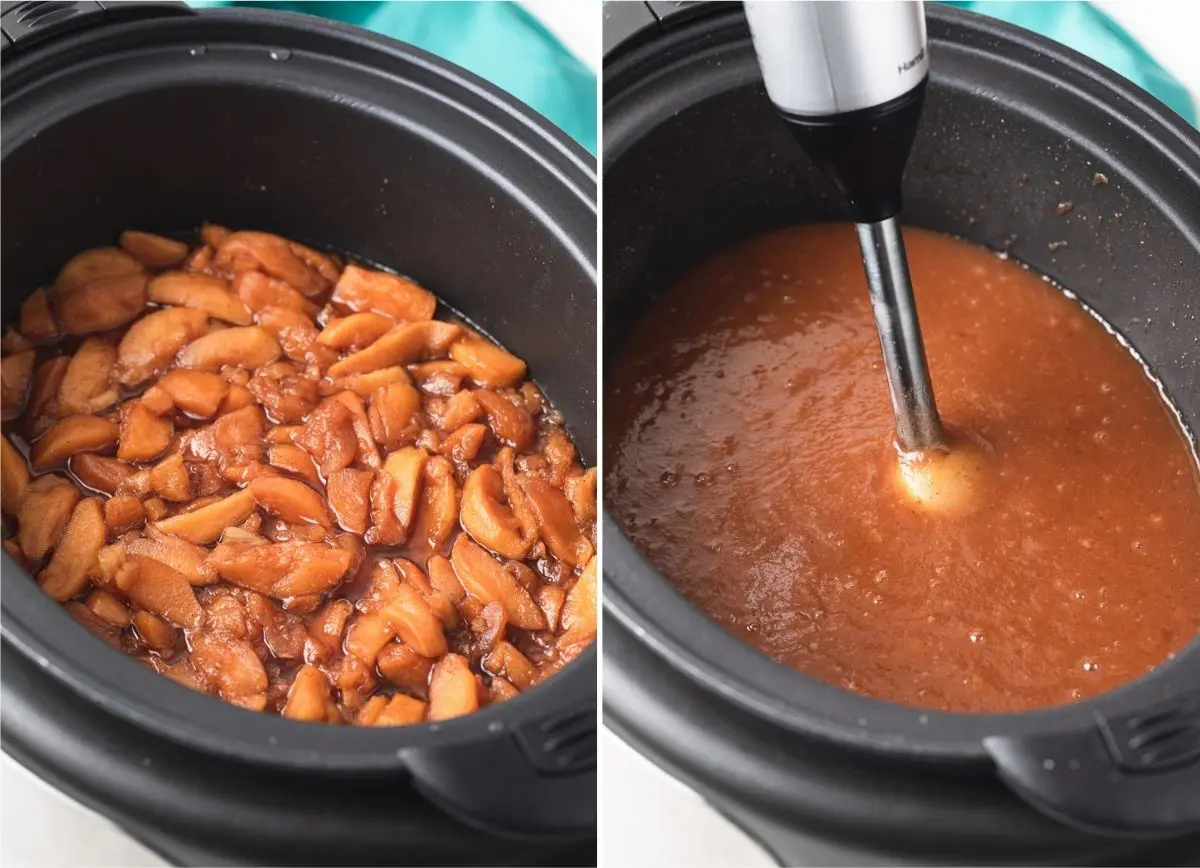 cooked apples and spices in a slow cooker next to pureed apple butter in a slow cooker