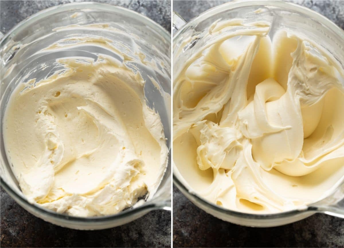 creamed butter in a large glass bowl next to cream cheese frosting in a large glass bowl