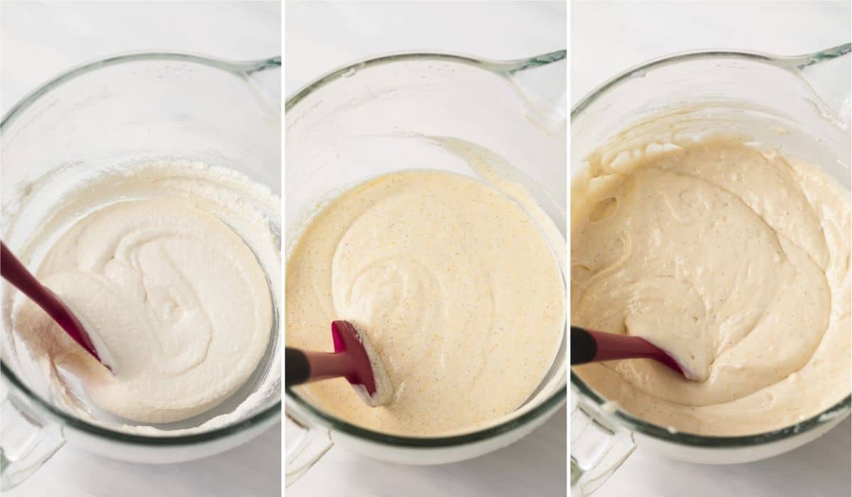 three process shots showing what moist vanilla cake batter should look like