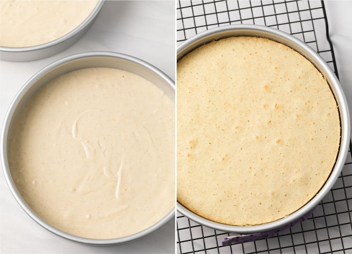 two process shots showing unbaked cake batter in pan and baked cake in pan