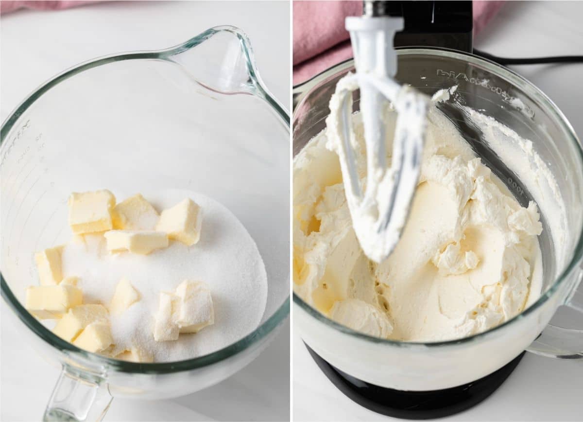process shots showing properly creamed butter and sugar using stand mixer