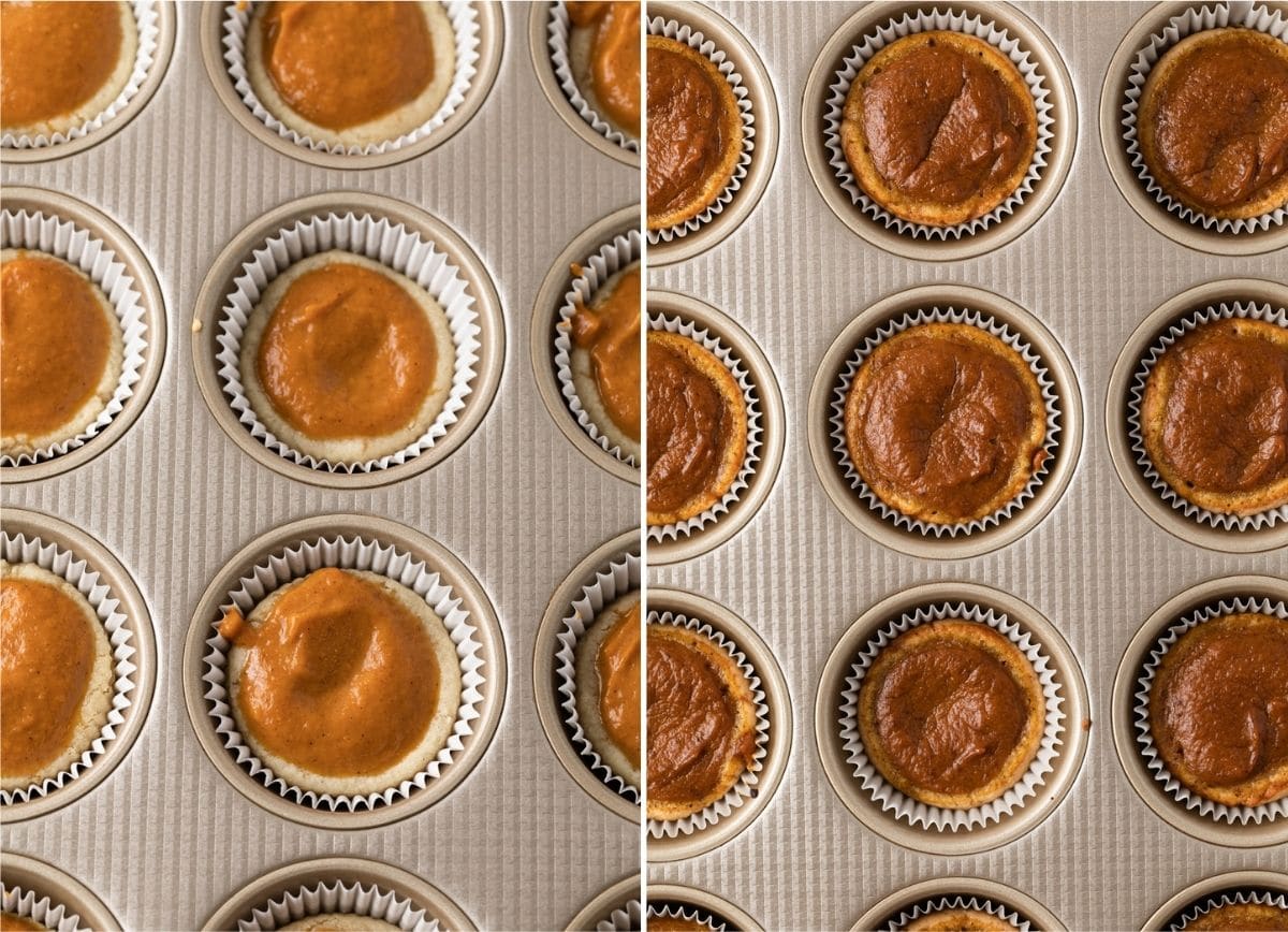 unbaked mini pumpkin pies in muffin pan and baked pies in muffin pan