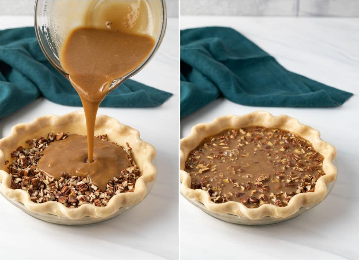 pecan pie filling being poured into unbaked pie shell
