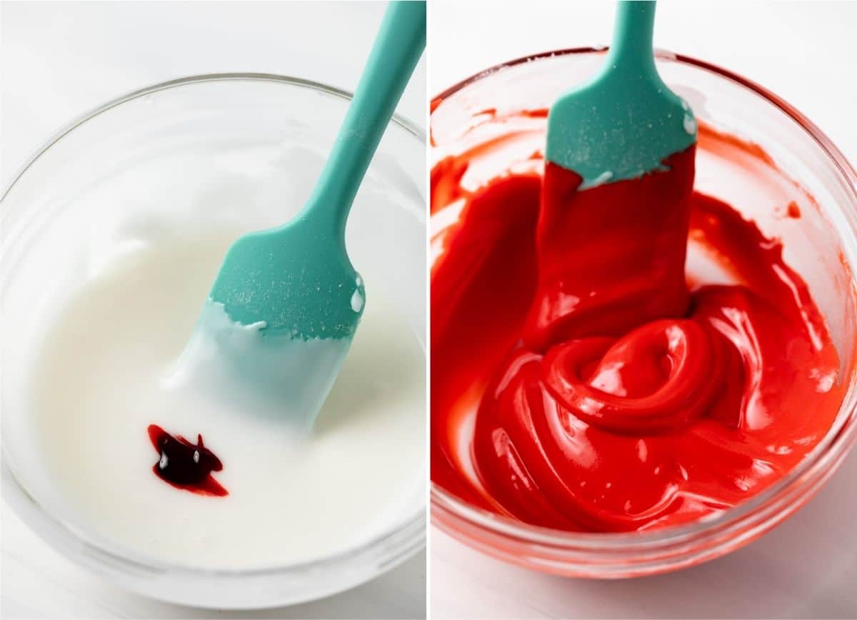 plain sugar cooking icing with a dot of food coloring next to a bowl of icing colored red