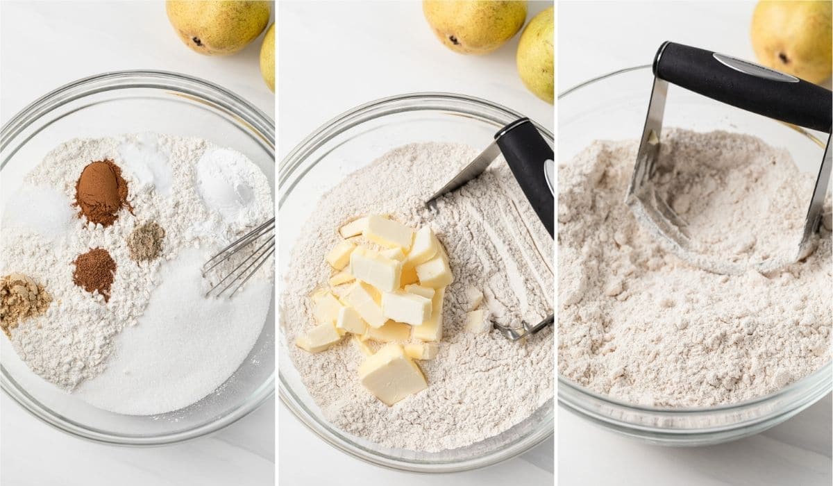 bowl of flour with chai spices, bowl of spiced flour with cubes of butter, and bowl of flour with butter cut in with a pastry blender