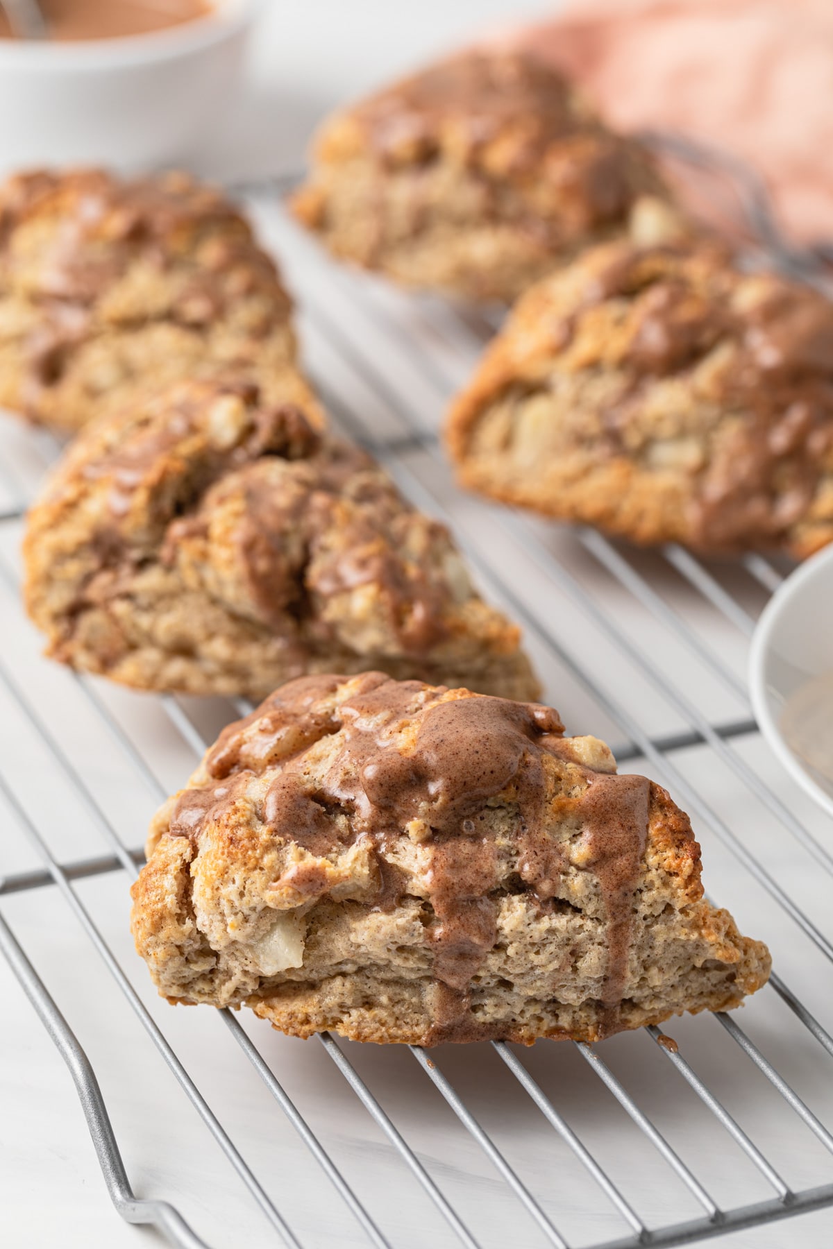 side view of chai pear scones on wire rack