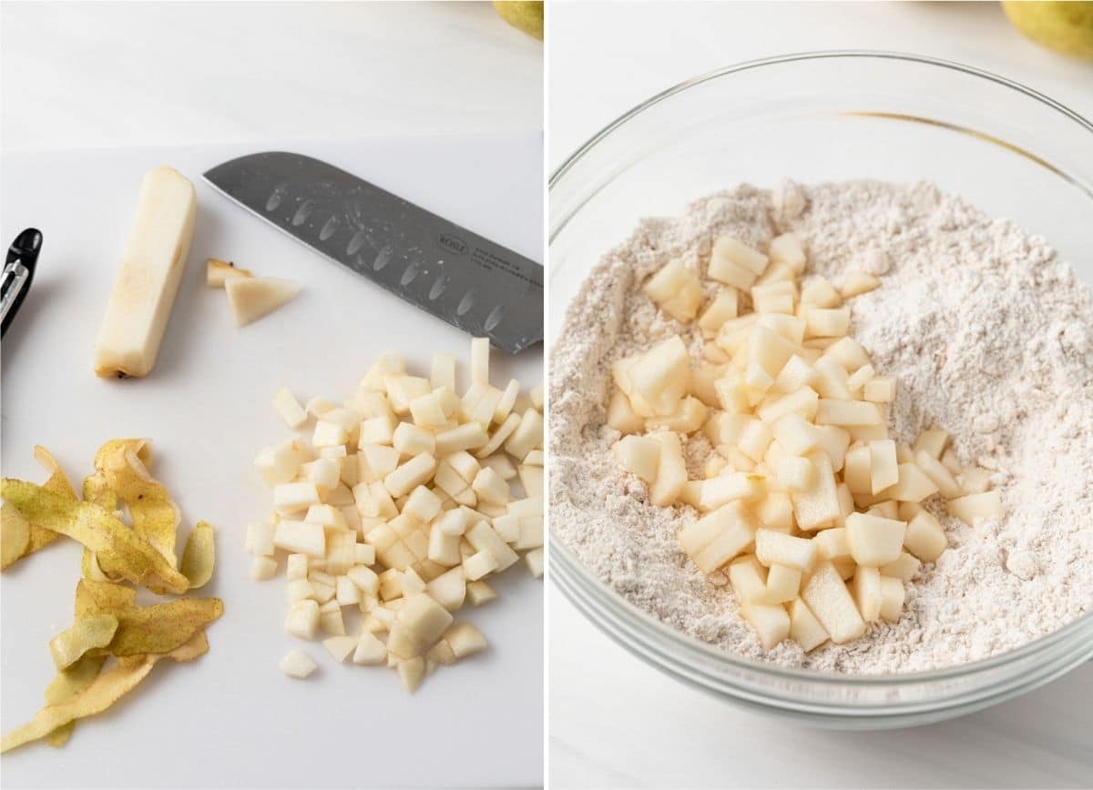 diced pear and bowl of dry scone dough with pear bits