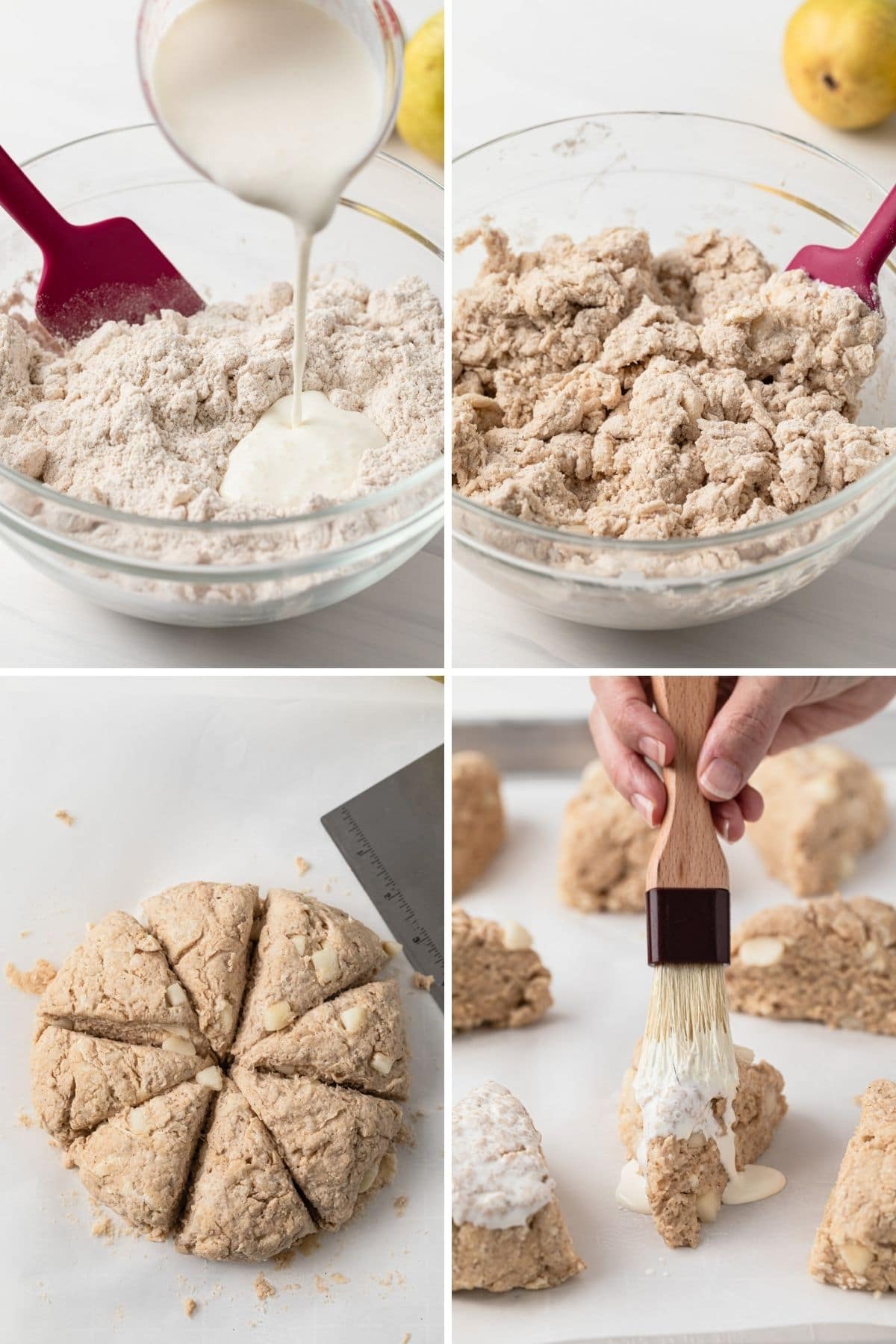 milk poured in to dry ingredients for scones, shaggy scone dough in glass bowl, circle of dough cut into triangles, cream brushed over unbaked scones