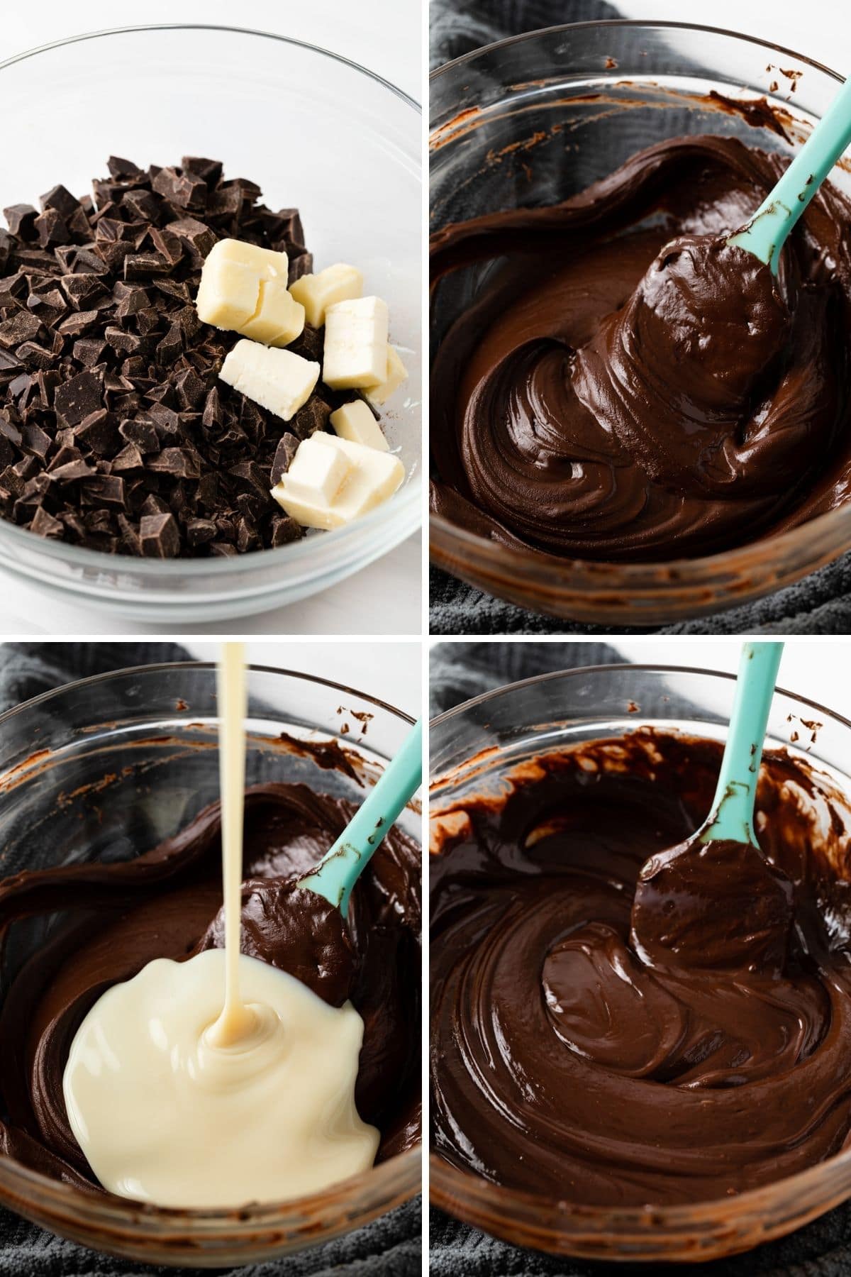 chopped chocolate and butter in a glass bowl, melted chocolate in glass bowl, condensed milk poured into melted chocolate, and gooey fudge mixture in glass bowl