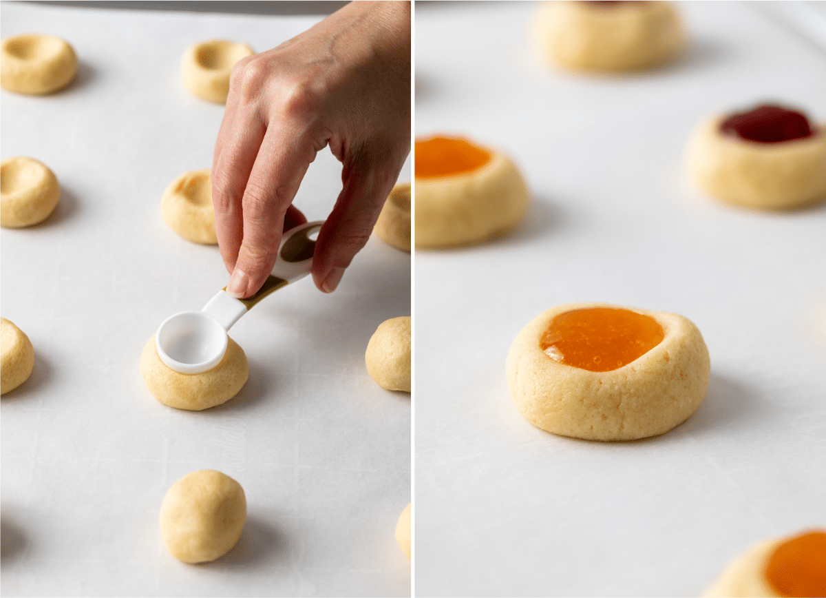making indent in cookie dough balls with teaspoon and filled indent with orange colored jam