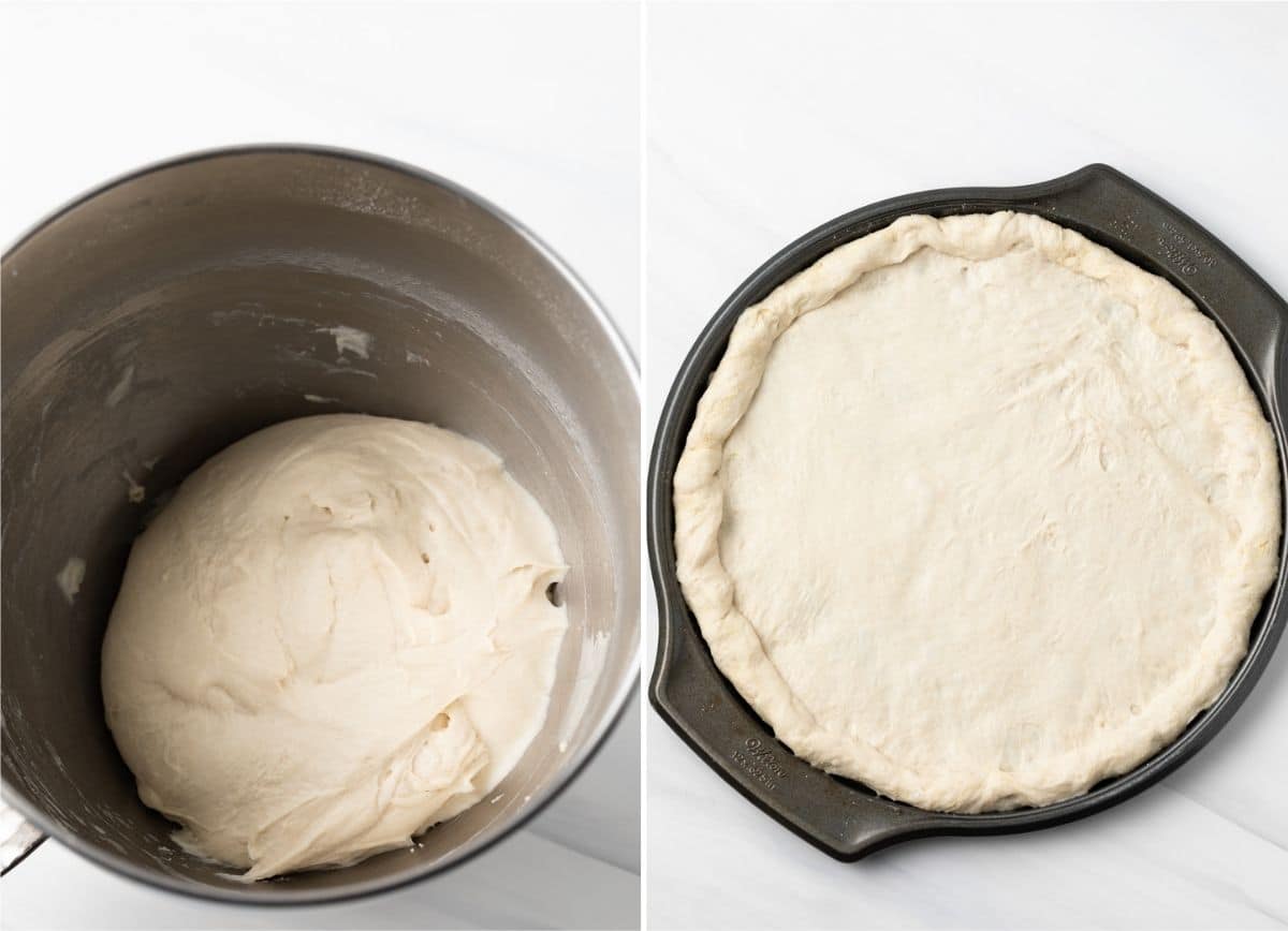 pizza dough in a steel mixing bowl next to dough stretched on a round pizza pan