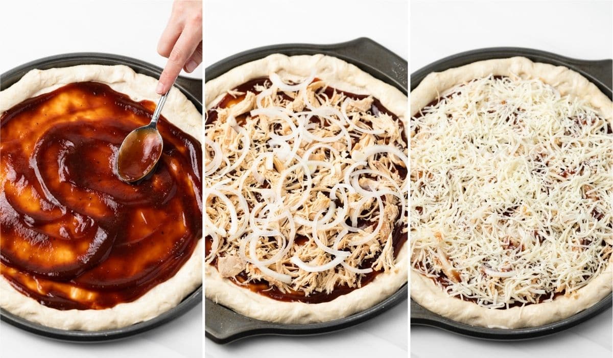 bbq sauce being spread over pizza crust with spoon, chicken and onion over the bbq sauce, and cheese spread over the top of pizza