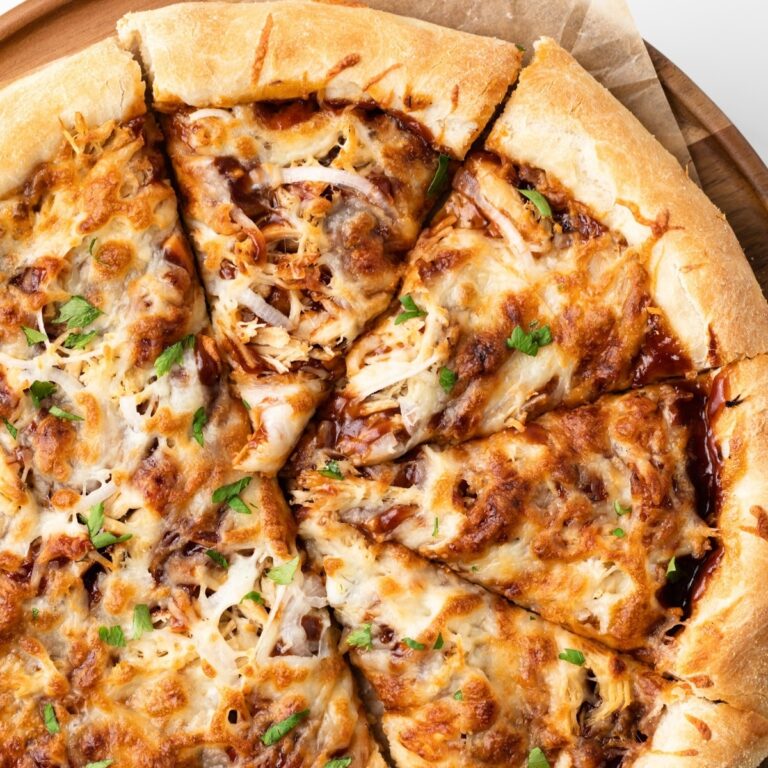 bbq chicken pizza with slices cut