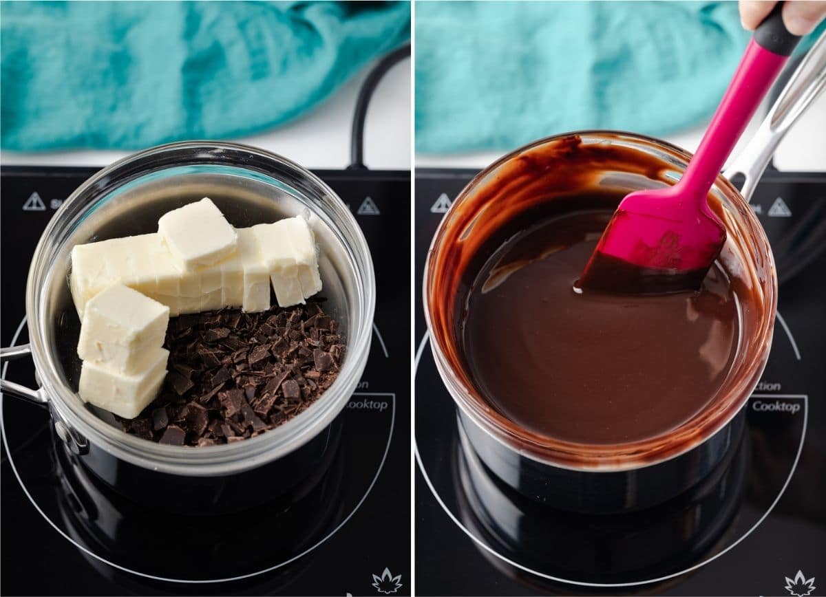 chopped chocolate and butter cubes in glass bowl set over a pot on a burner