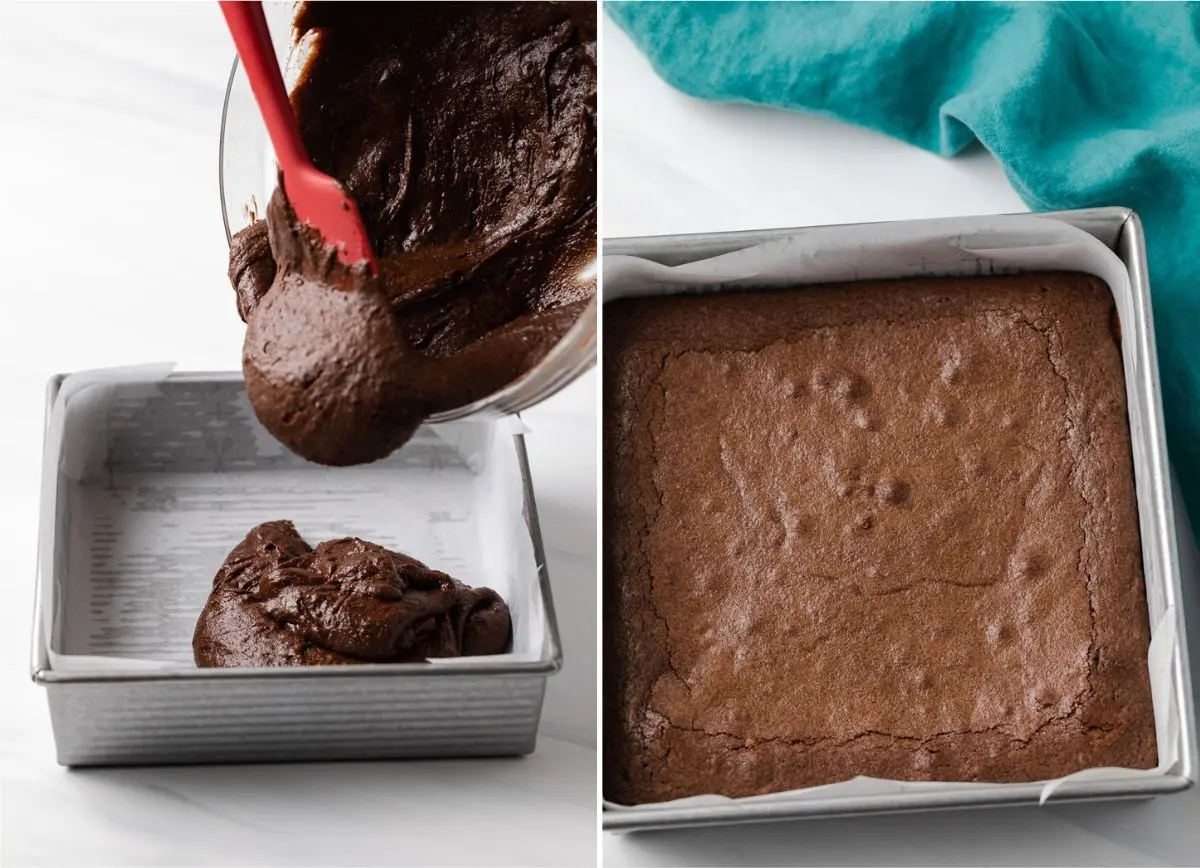brownie batter being poured in square baking pan lined with parchment paper and pan of baked brownies