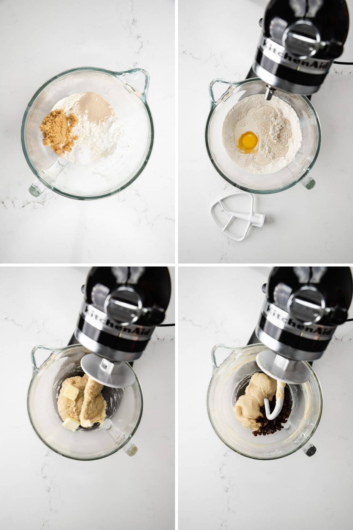 process shots showing dry ingredients in bowl of stand mixer, dry ingredients with egg and milk, wet dough with pads of butter, and fully mixed dough