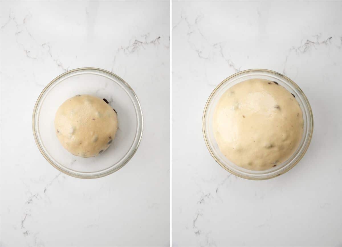 unproofed dough in a bowl next to proofed dough in a bowl