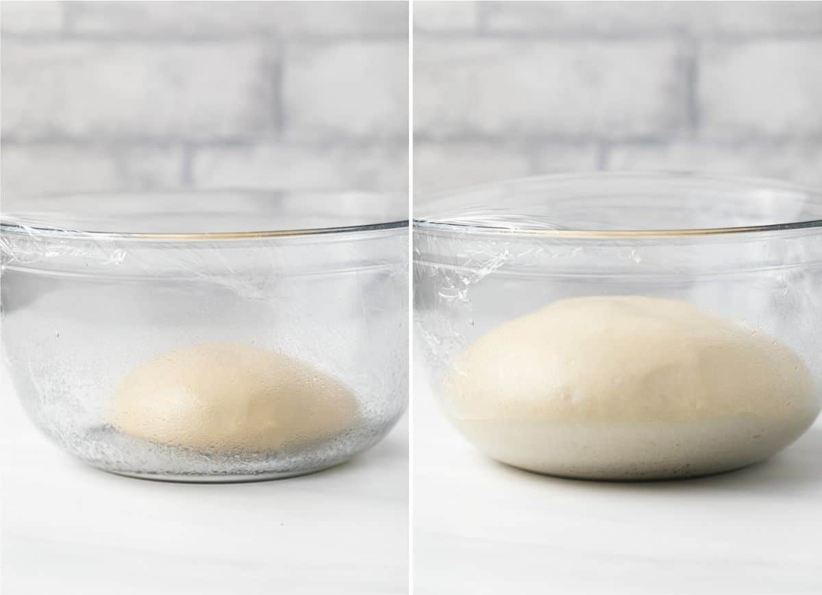 image of dough in glass bowl next to image of proofed dough in glass bowl