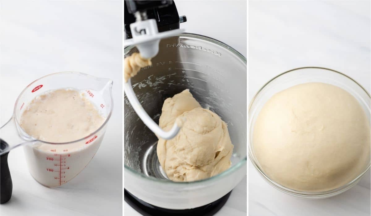 bubbly yeast in measuring cup, dough in bowl of stand mixer fitted with dough hook, proofed dough in glass bowl