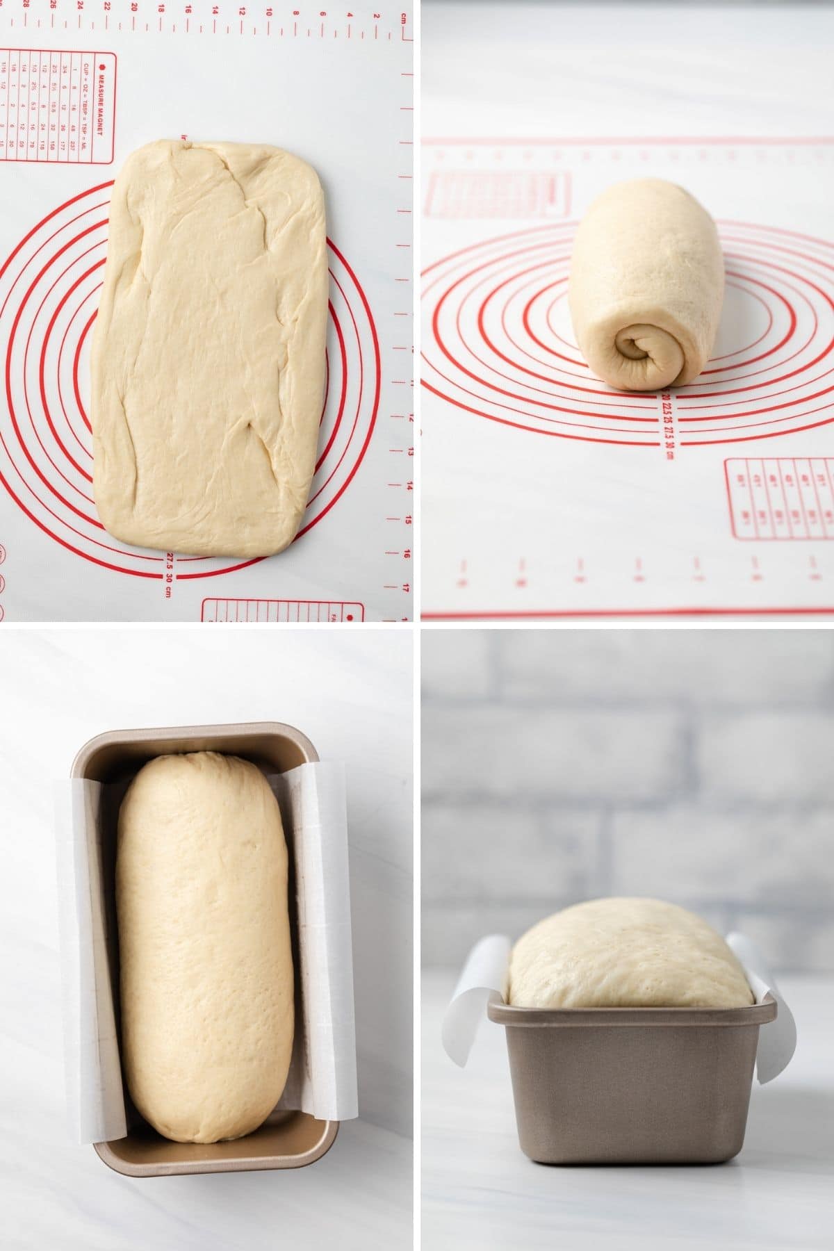 process shots showing dough patted into rectangle then rolled and shaped into a loaf, loaf placed in bread pan and proofed loaf in bread pan