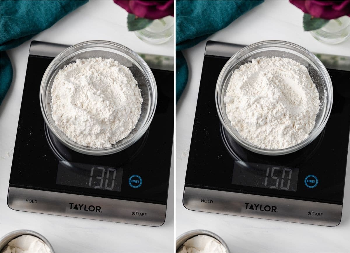 two images of flour in glass bowls on a scale, one reads 130 grams, the other reads 150 grams