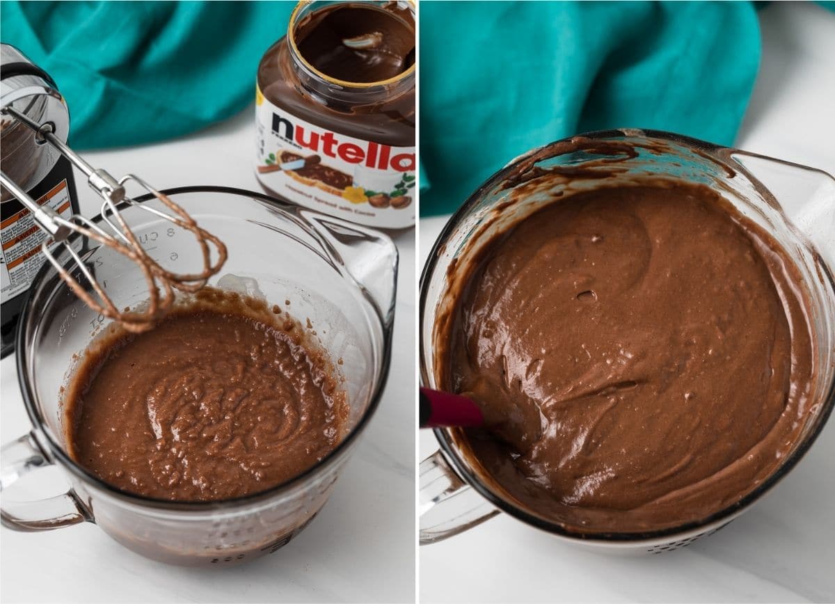 Nutella in glass bowl with mixer and bowl of Nutella cake batter