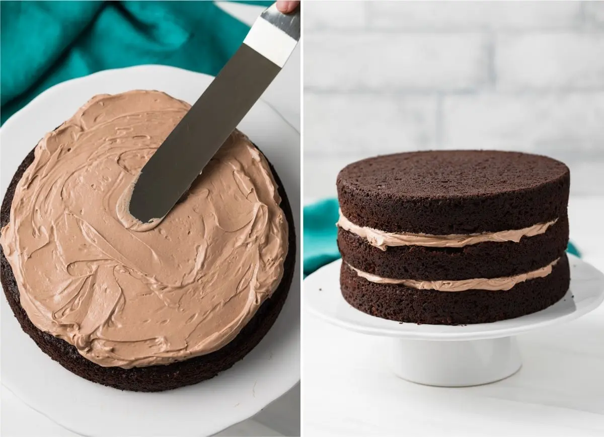 Nutella Swiss meringue frosting spread over chocolate cake layer next to 3 layers of Nutella cake with frosting in between