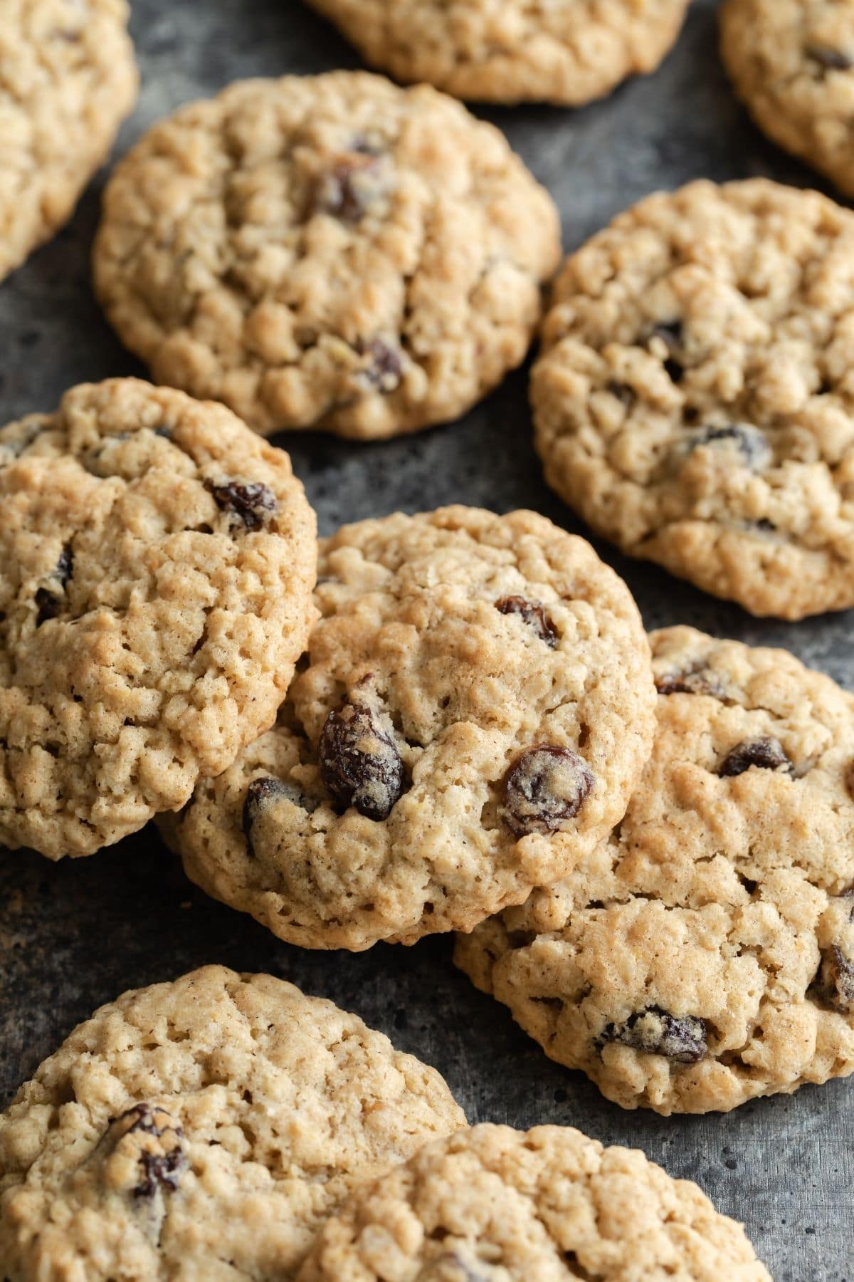 oatmeal raisin cookies lined on a slate platter