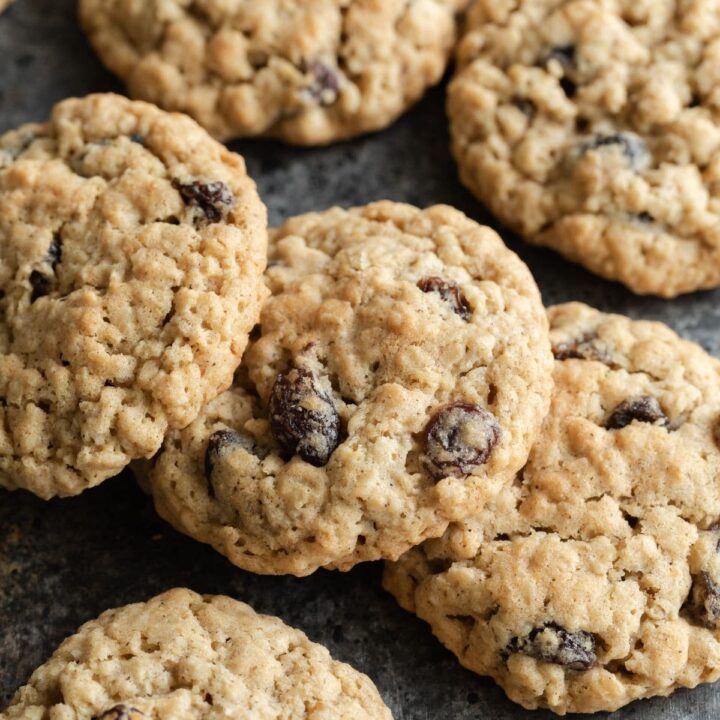 oatmeal raisin cookies lined on a slate platter