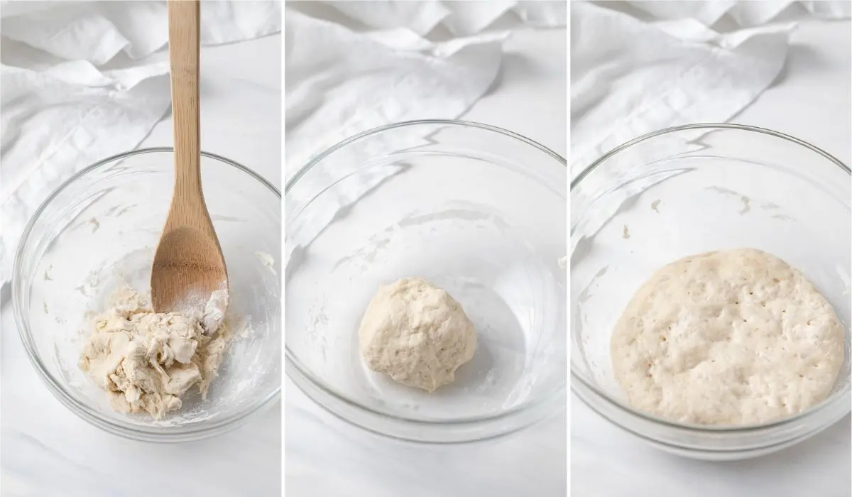 shaggy dough in bowl with wooden spoon, small dough ball in bowl, and proofed dough sponge in bowl