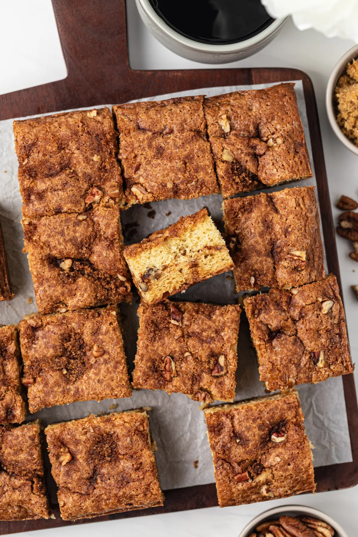 overhead of sour cream coffee cake on serving platter