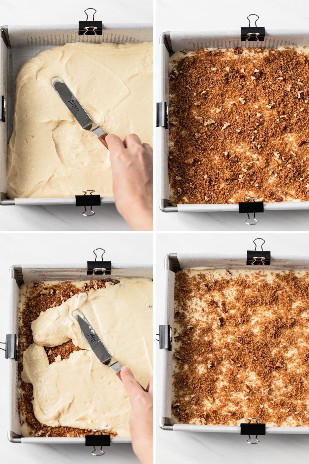 layering batter in square pan with streusel