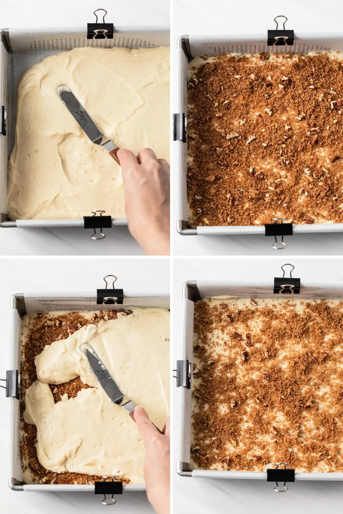layering batter in square pan with streusel