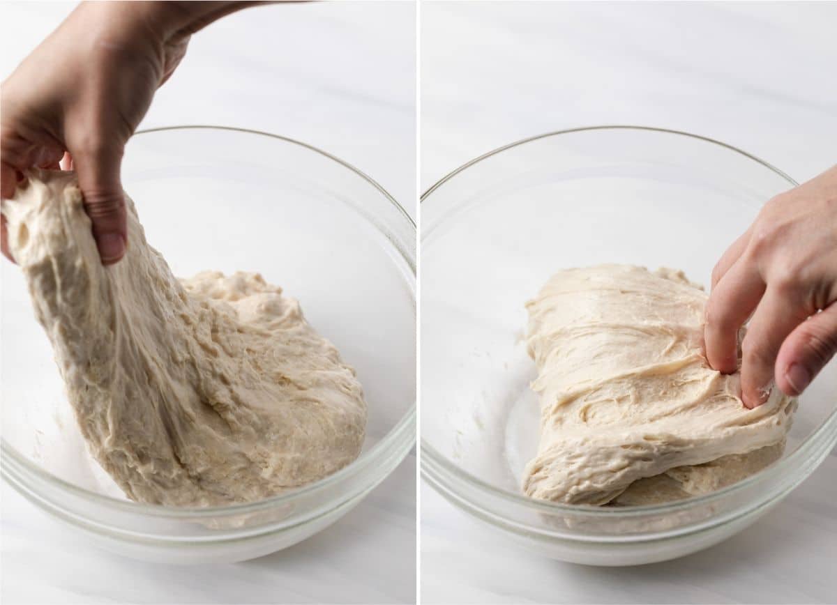 process shot showing stretch and fold method for dough