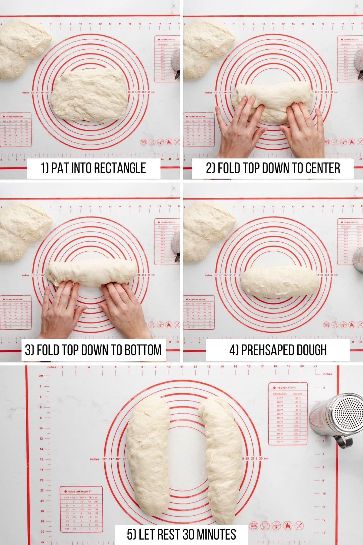 step-by-step photos showing how to pre-shape dough for baguettes