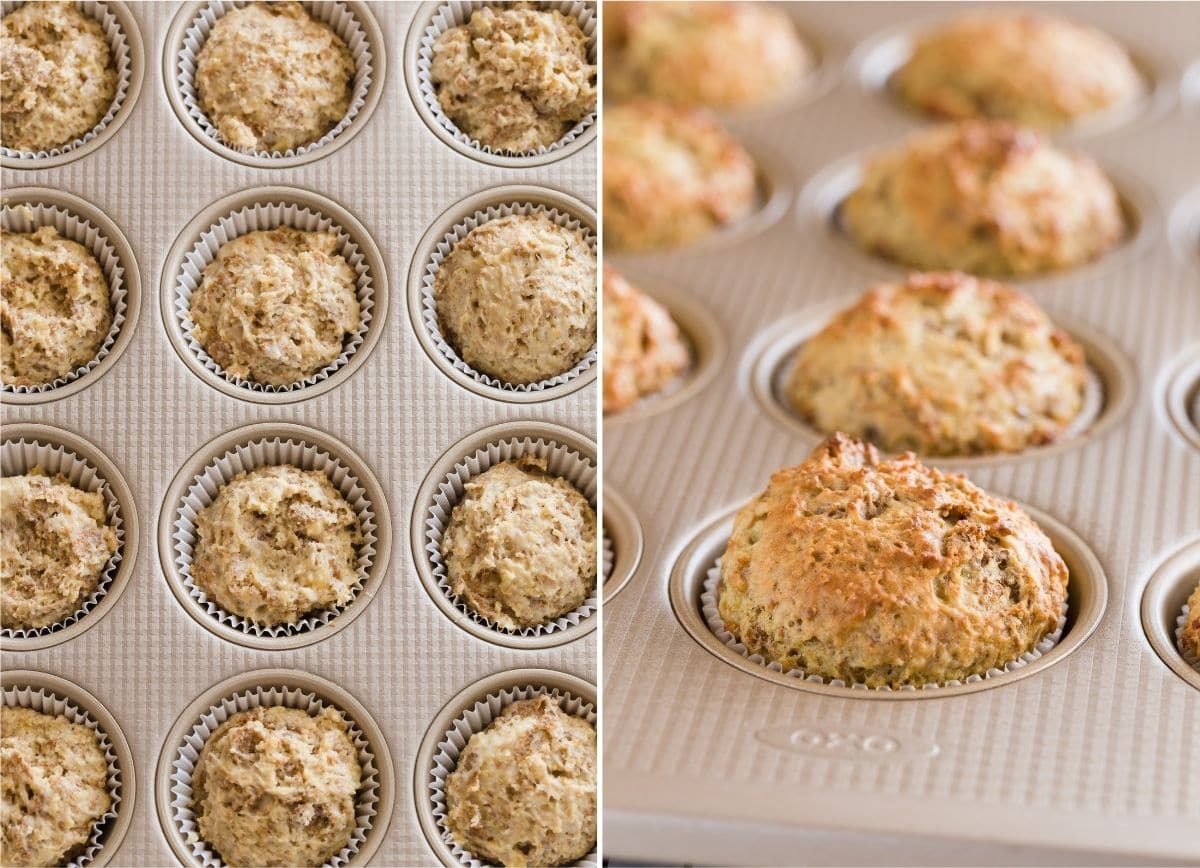 unbaked muffins in muffin pan next to baked muffins in muffin pan