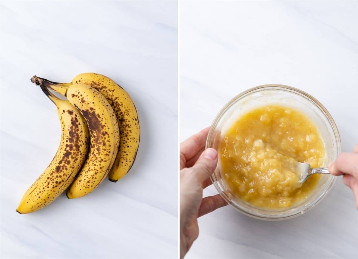 three ripe bananas next to bowl of mashed bananas