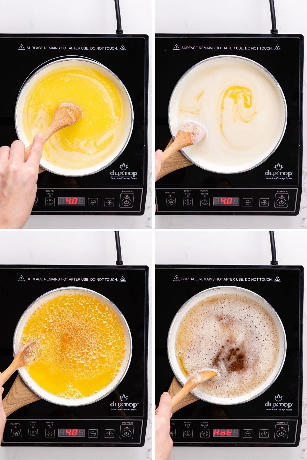 four images showing stages of browning butter