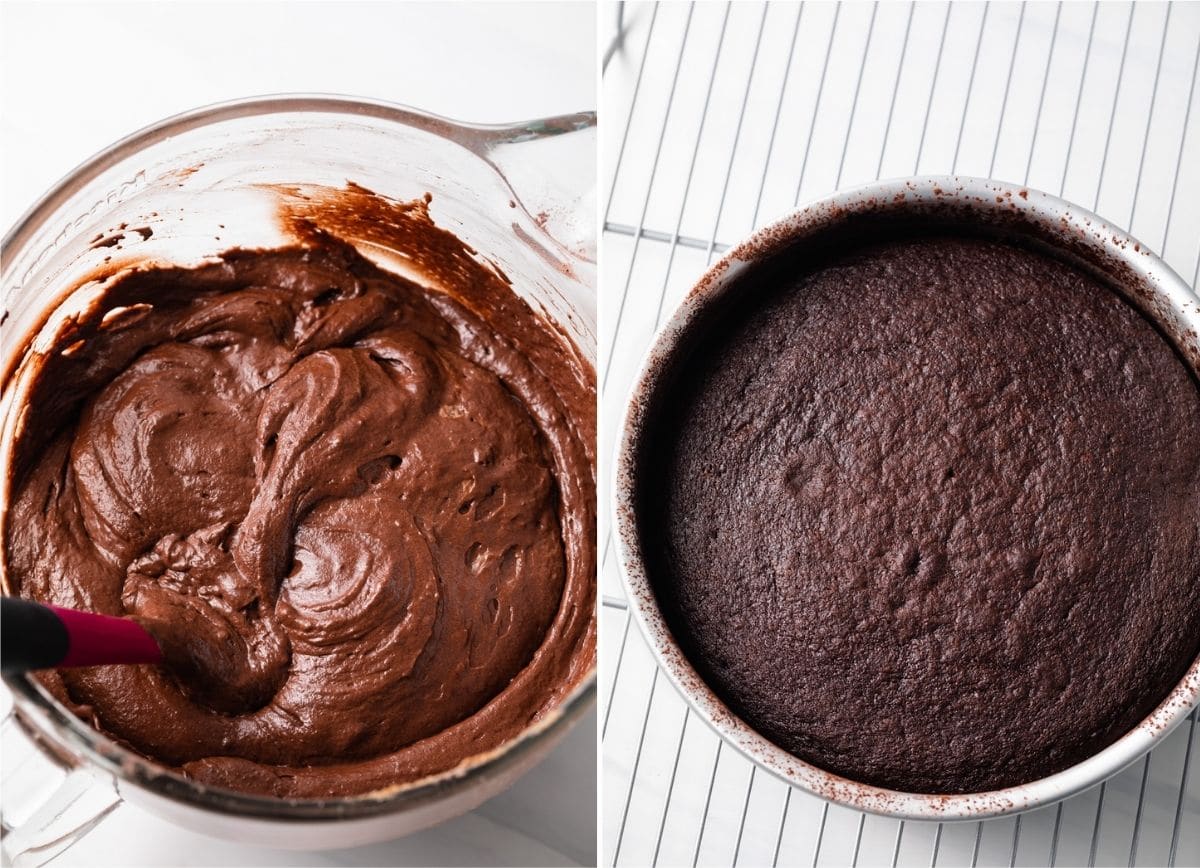 chocolate cake batter in glass bowl next to baked chocolate cake layer in pan on wire rack