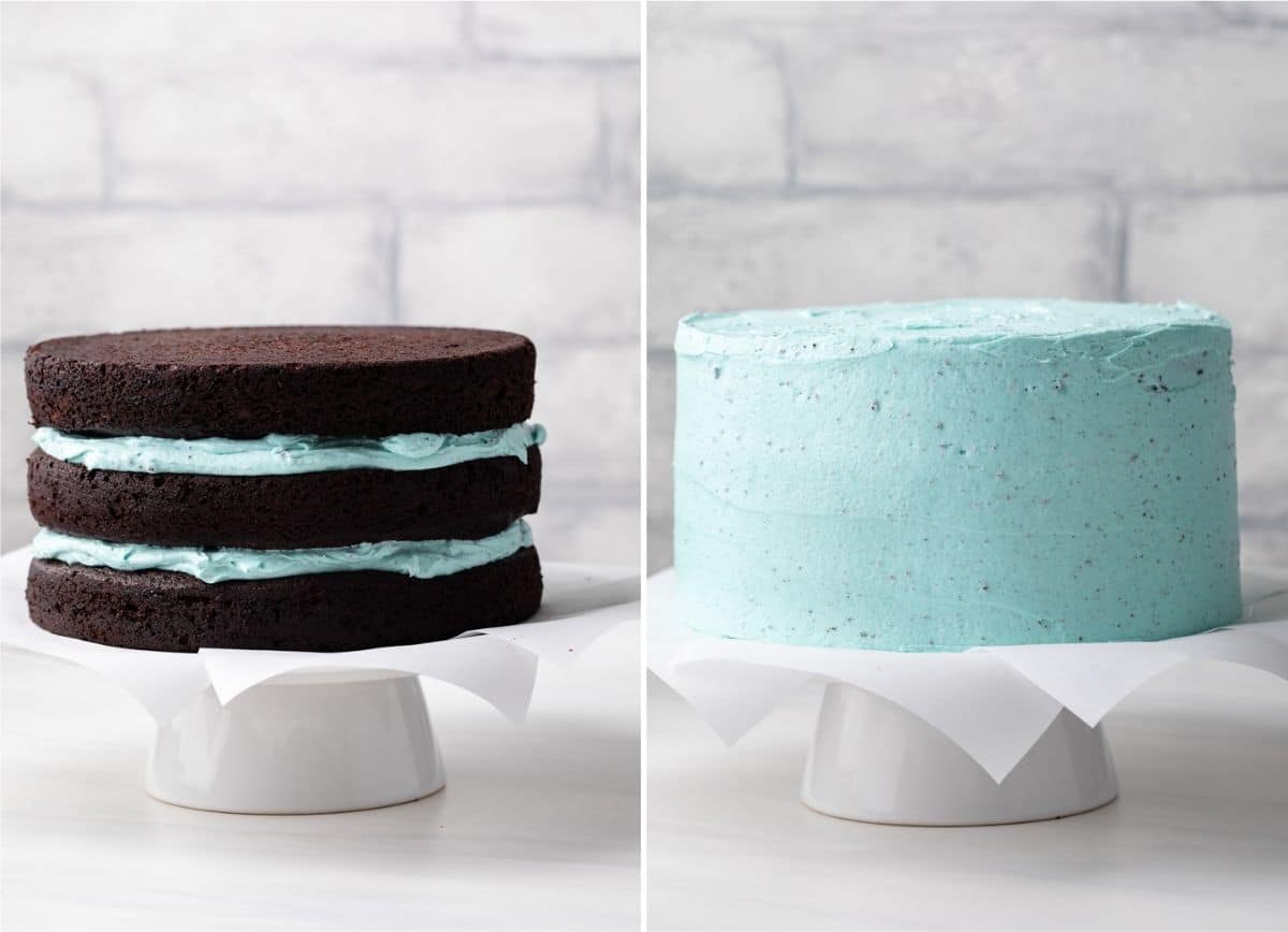 blue frosting sandwiched between three chocolate cake layers next to cake coated in blue frosting