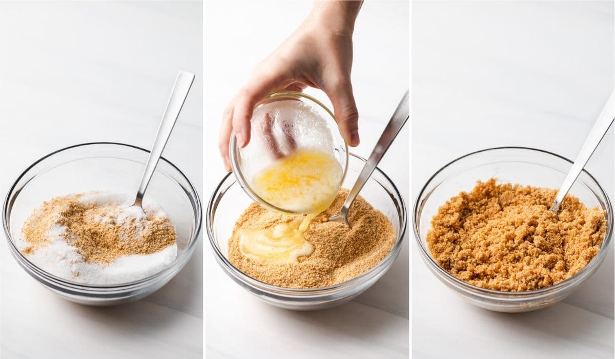 bowl of graham cracker crumbs with sugar, melted butter being poured in graham cracker crumbs, and a bowl of everything combined